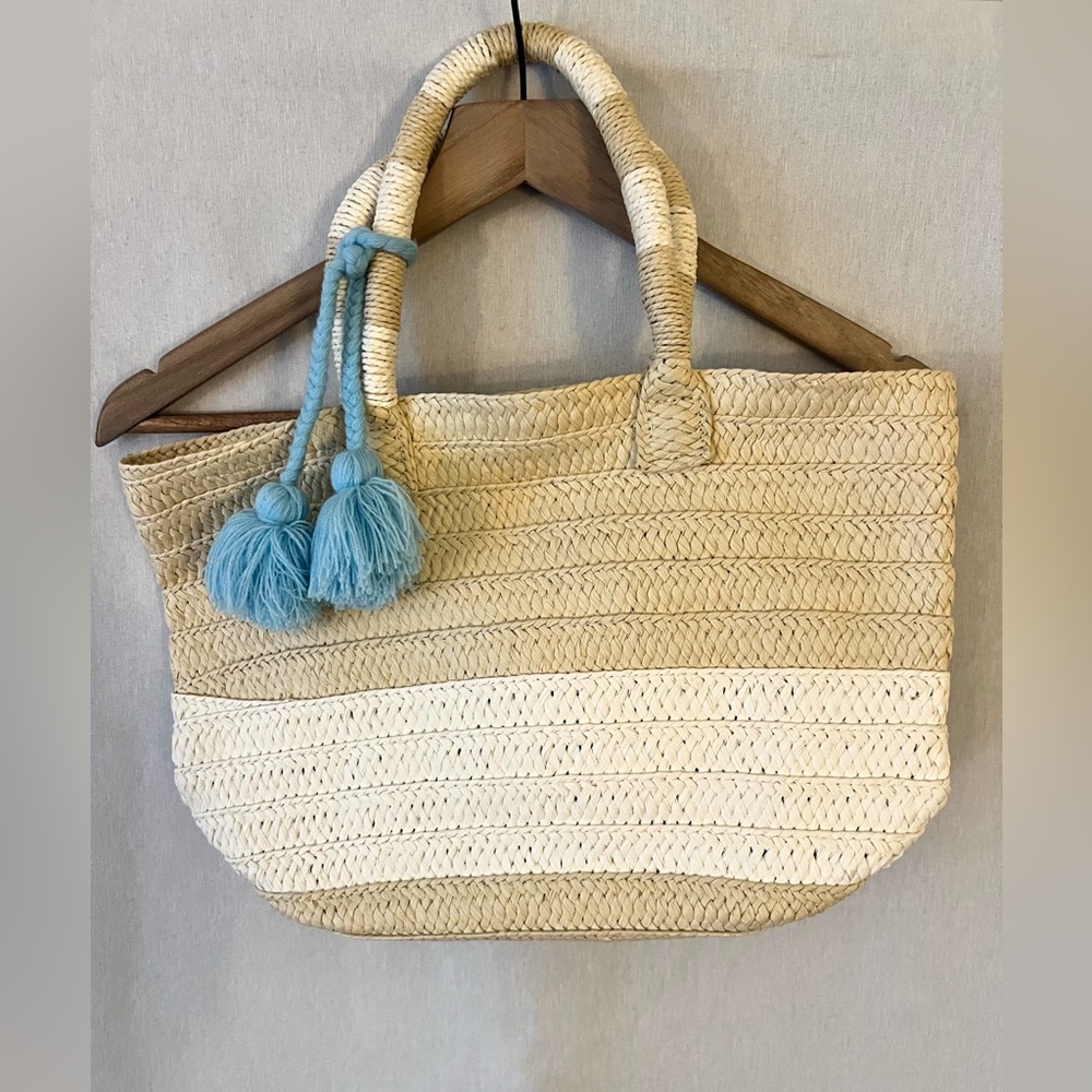ALTRU | Tan and Cream Straw Woven Tote | Handwoven | Coastal | Prep | Nautical